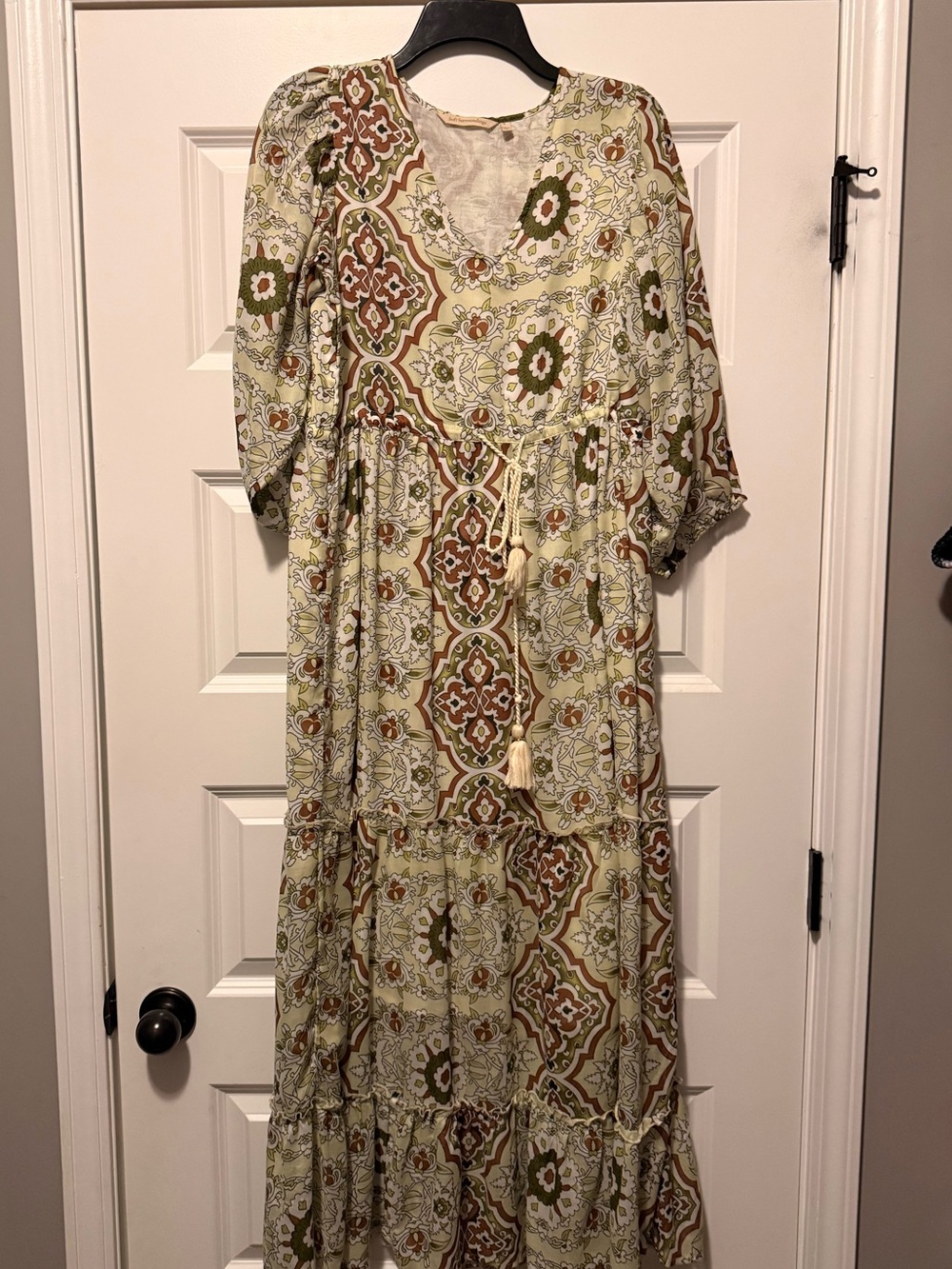 Soft Surroundings Sage and Brown Tile-Print Maxi Dress